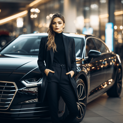 Woman standing in front of an Audi A8 Luxury Sedan