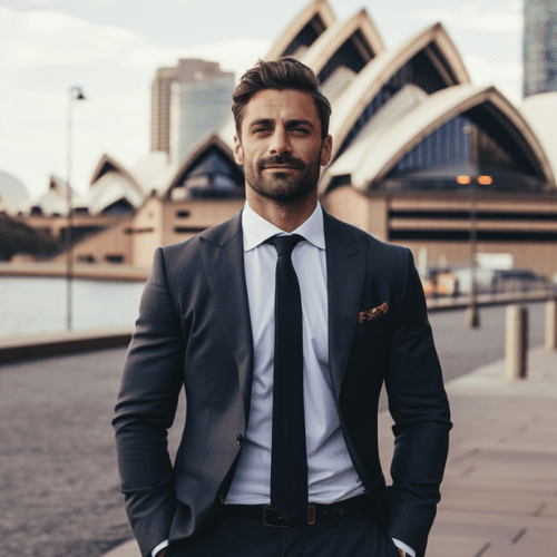 Business Man standing in front of the Opera House in Sydney