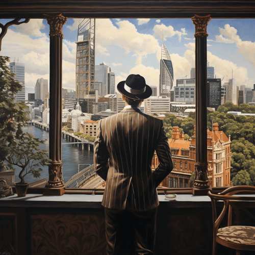 Illustration of a Banker looking over his Sydney Investments 