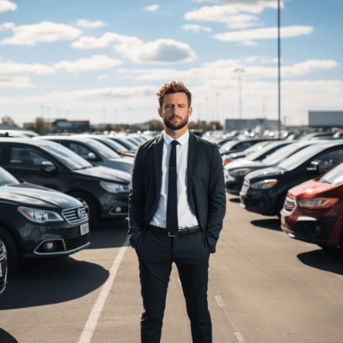Sales guy on a parking lot of a car dealership