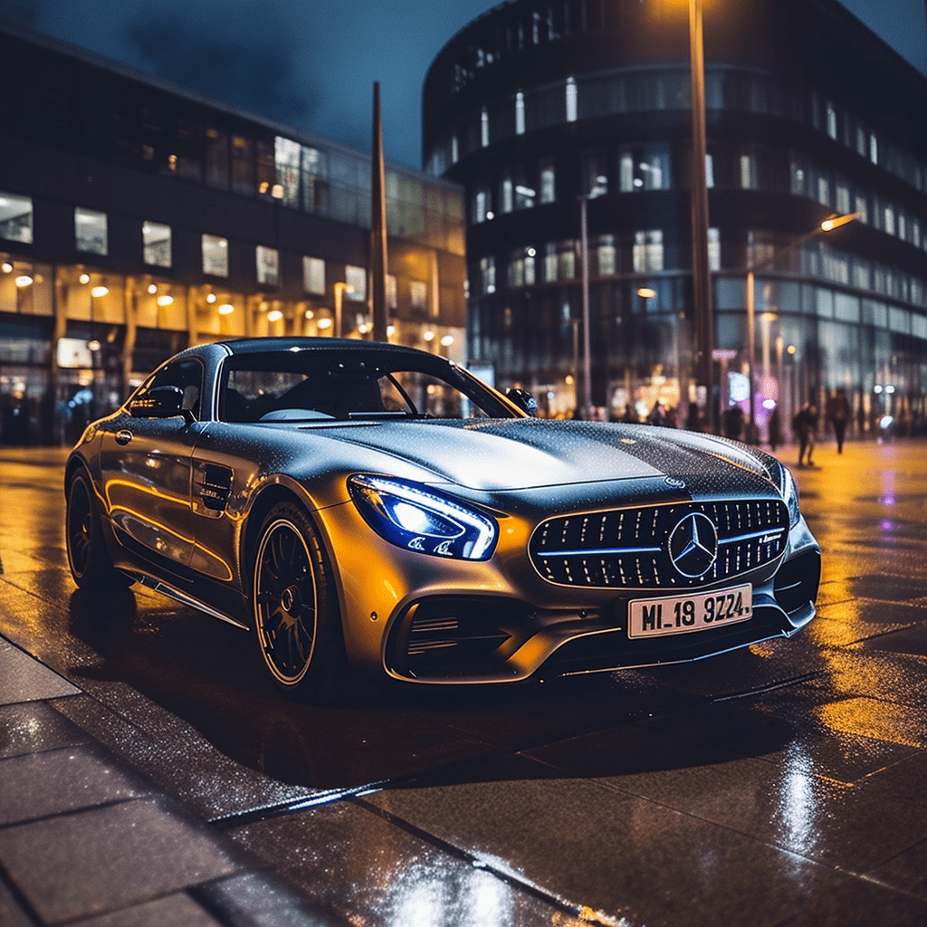 Hyper-realistic night scene captured with a Nikon D850 DSLR, showcasing a gleaming Mercedes AMG under the warm glow of Sydney street lamps, symbolising the luxury car culture supported by Sydney Car Loans.