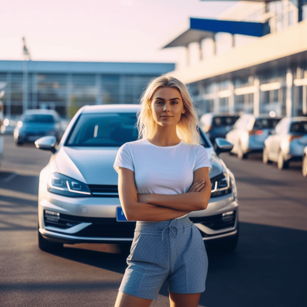 Girl standing in front of a VW Golf