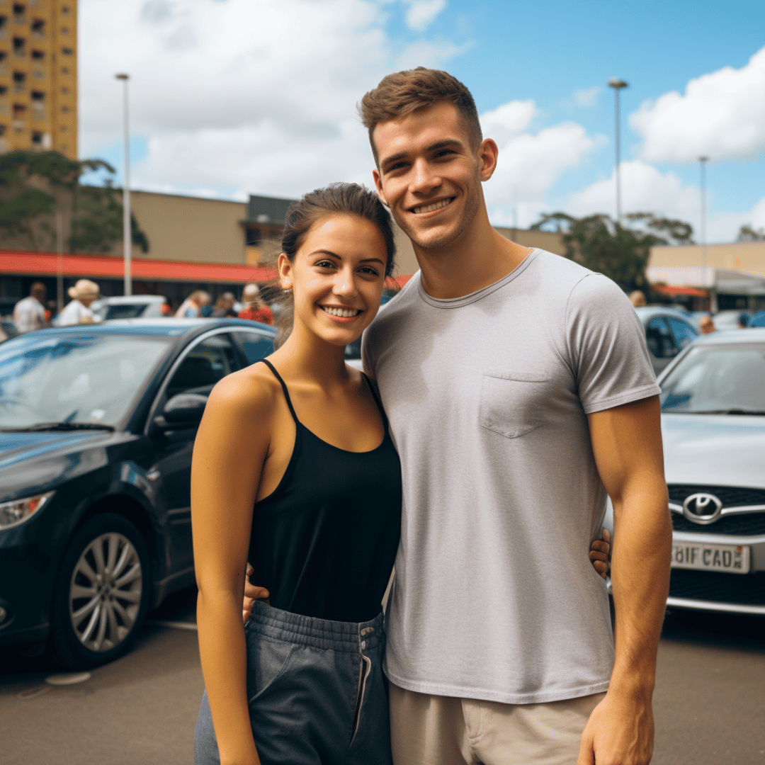 A young couple stands proudly in front of their newly purchased car.