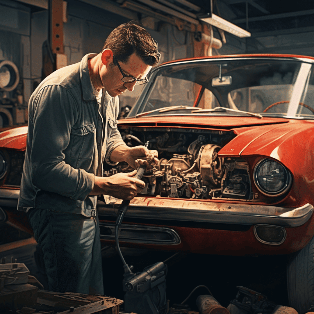 Artist impression of a mechanic working on a vintage car