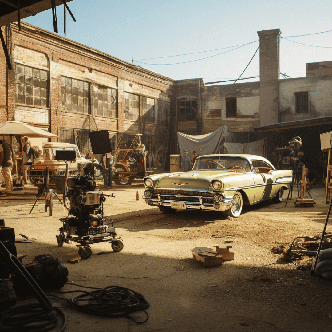 An old car on a movie set