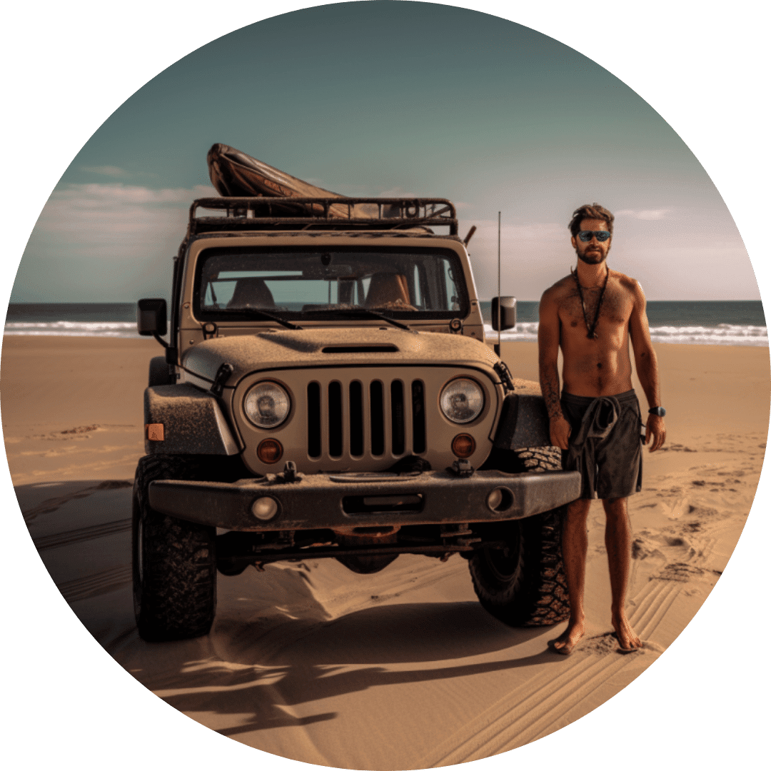 Surfer enjoying his used Jeep on Vaucluse Beach, purchased through our reliable Used Car Loans.