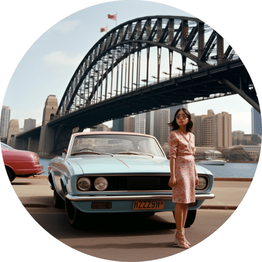 Asian woman standing in front of Sydney Opera Bridge with a used Car used by Sydney Car Loans