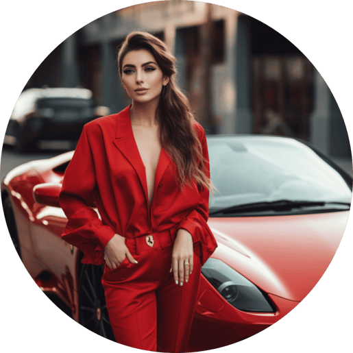 Exquisite woman in a stunning Ferrari-branded dress standing gracefully in front of a Ferrari, showcasing the elegance and allure of our Luxury Car Loans. The Ferrari, financed through Sydney Car Loans, represents the pinnacle of style and performance. Trust us to make your luxury car dreams a reality.