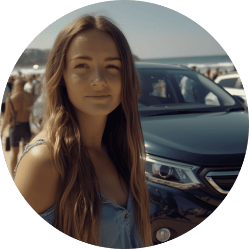 Young woman in her 20s proudly standing with her car at Bondi Beach, financed through our New Car Loans.