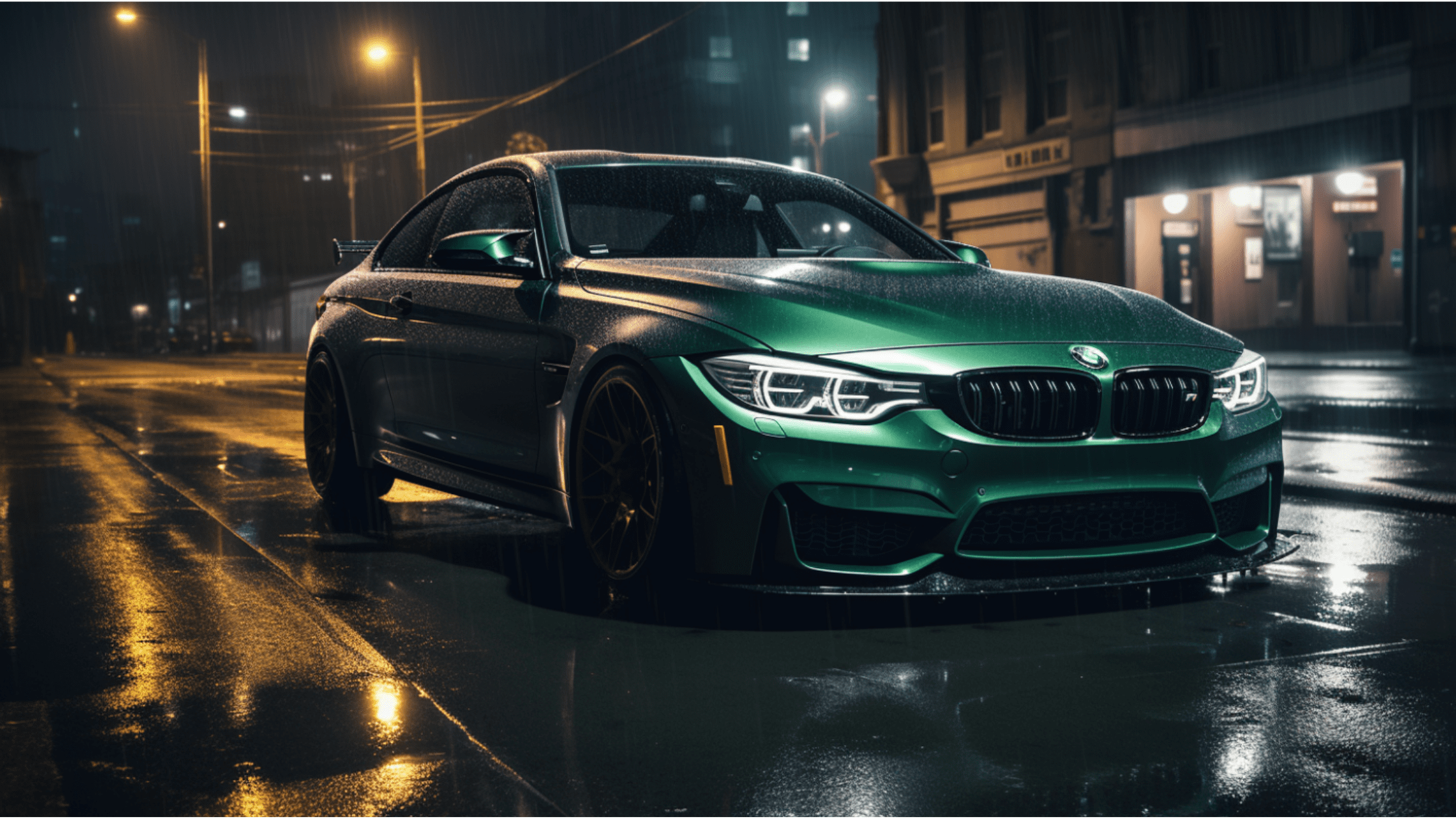 Dark green BMW M4 at night, parked at Bondi Beach. Offered by a luxury car loan