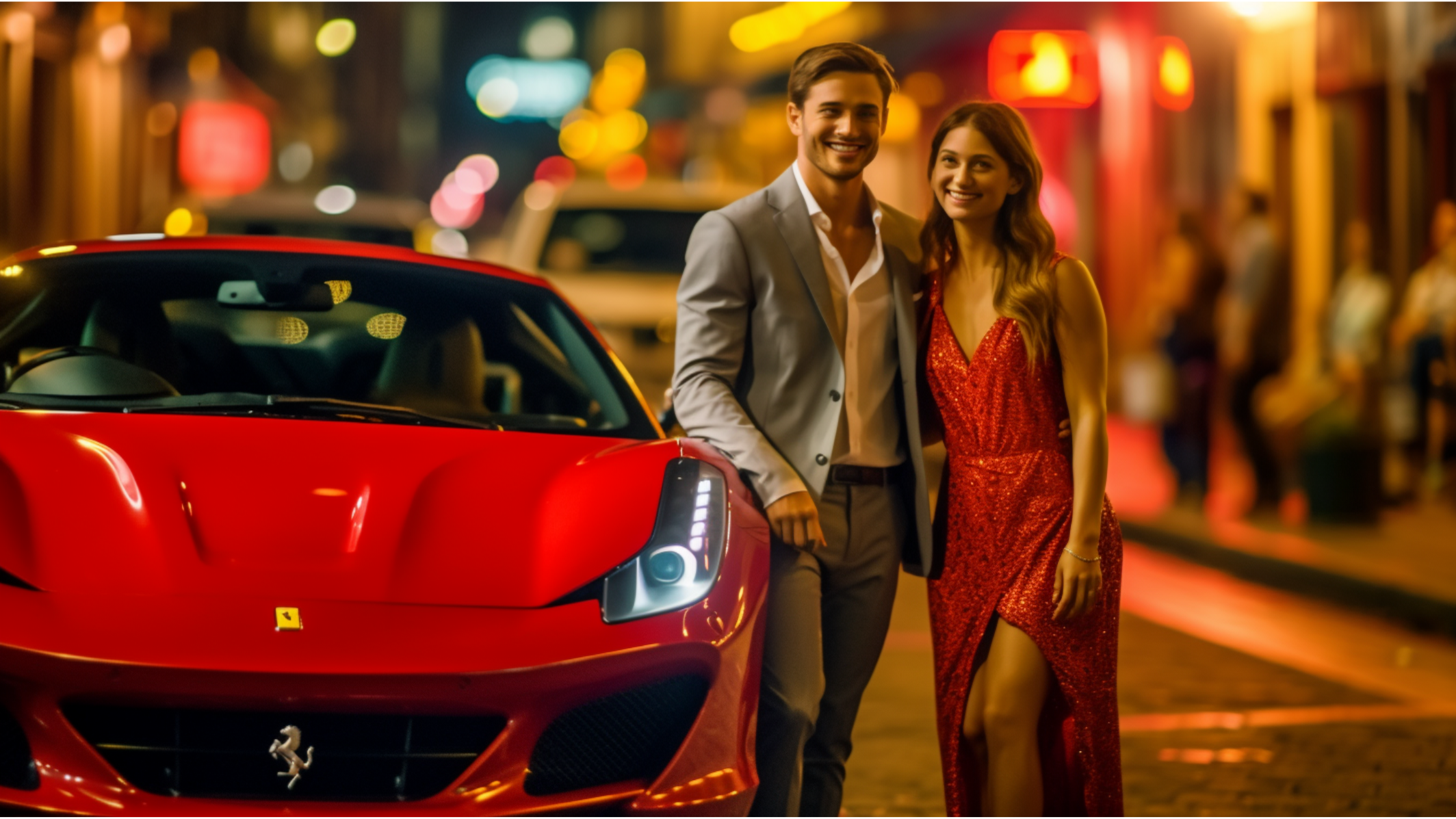 A couple standing in front of a luxury Ferrari in Sydney, showcasing the vibrant luxury car culture supported by Sydney Car Loans.