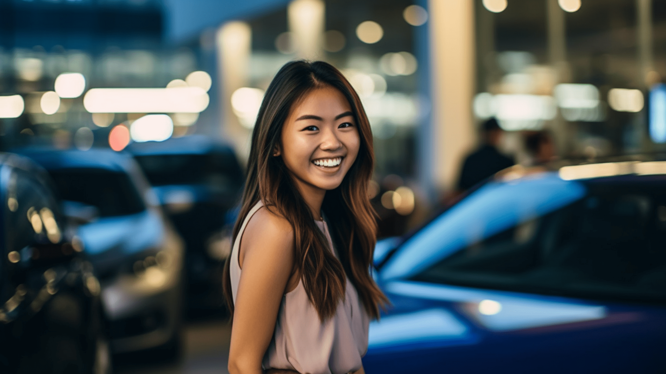 An excited young Asian woman, a first-time car buyer, smiling broadly in front of a bustling car dealership, holding the keys to her shiny new car. Bought via Sydney Car Loans