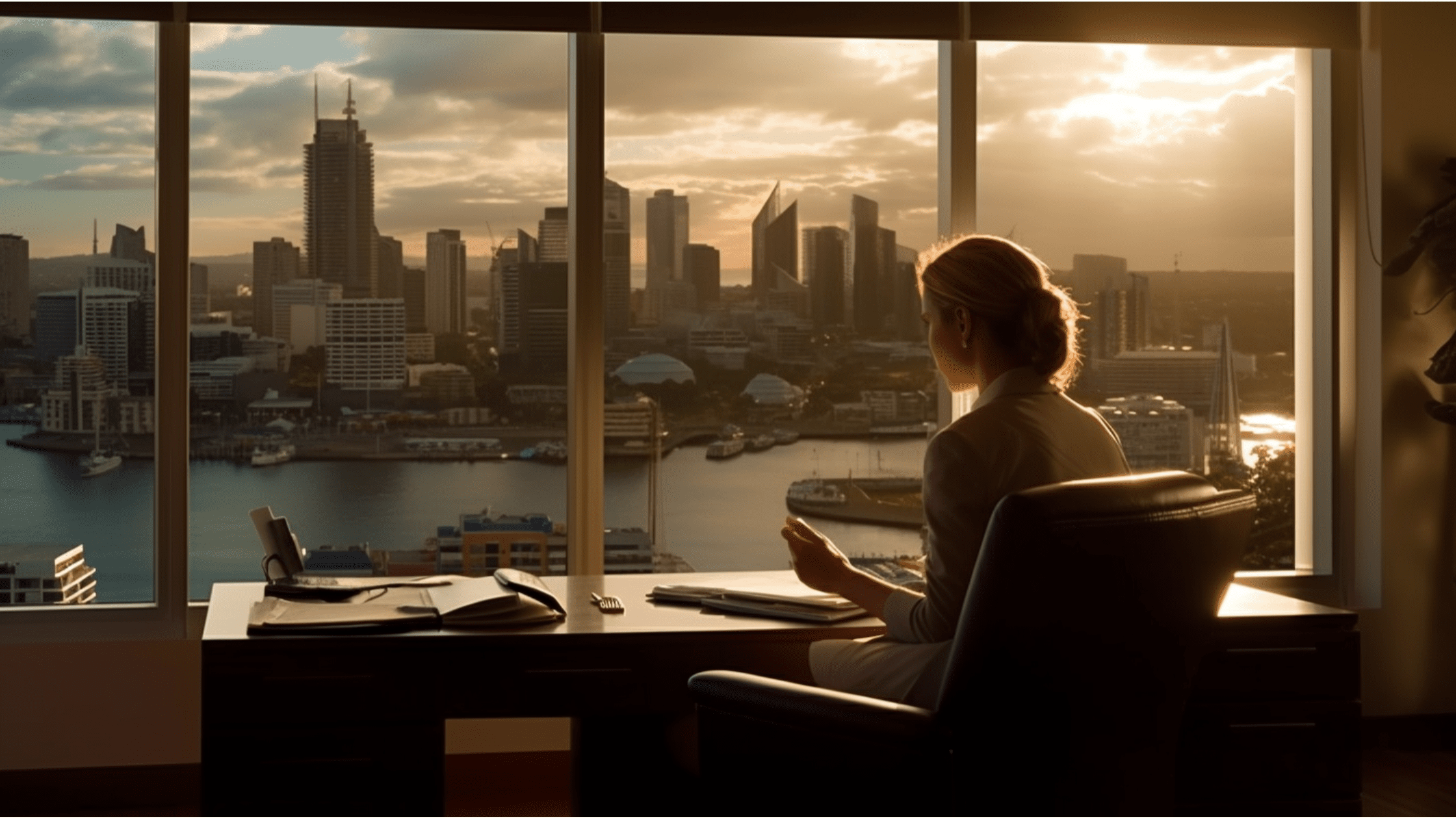 A business finance executive, focused on her work, sits in her high-rise office in Sydney. She's dressed in a stylish yet professional attire, subtly hinting at her unique personality. The panoramic view of the Sydney skyline from her window serves as a backdrop, symbolizing her high position in the corporate world. A business car finance document is prominently displayed on her desk, indicating her current project.