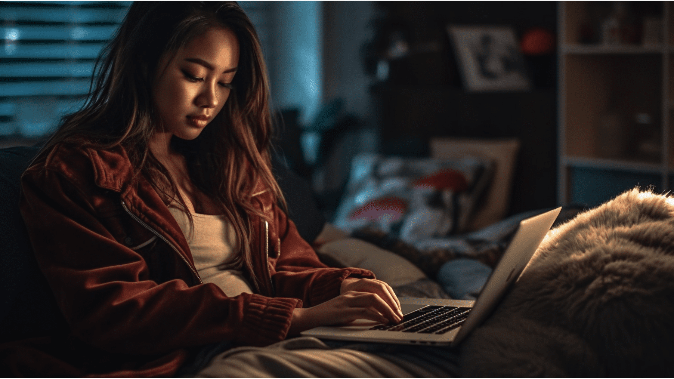 A young Asian woman in her 20s, is engaged in browsing Sydney Gumtree Cars on her laptop. She is situated in a tastefully decorated, bright room, her attention riveted on the screen as she sifts through potential car options on gumtree.