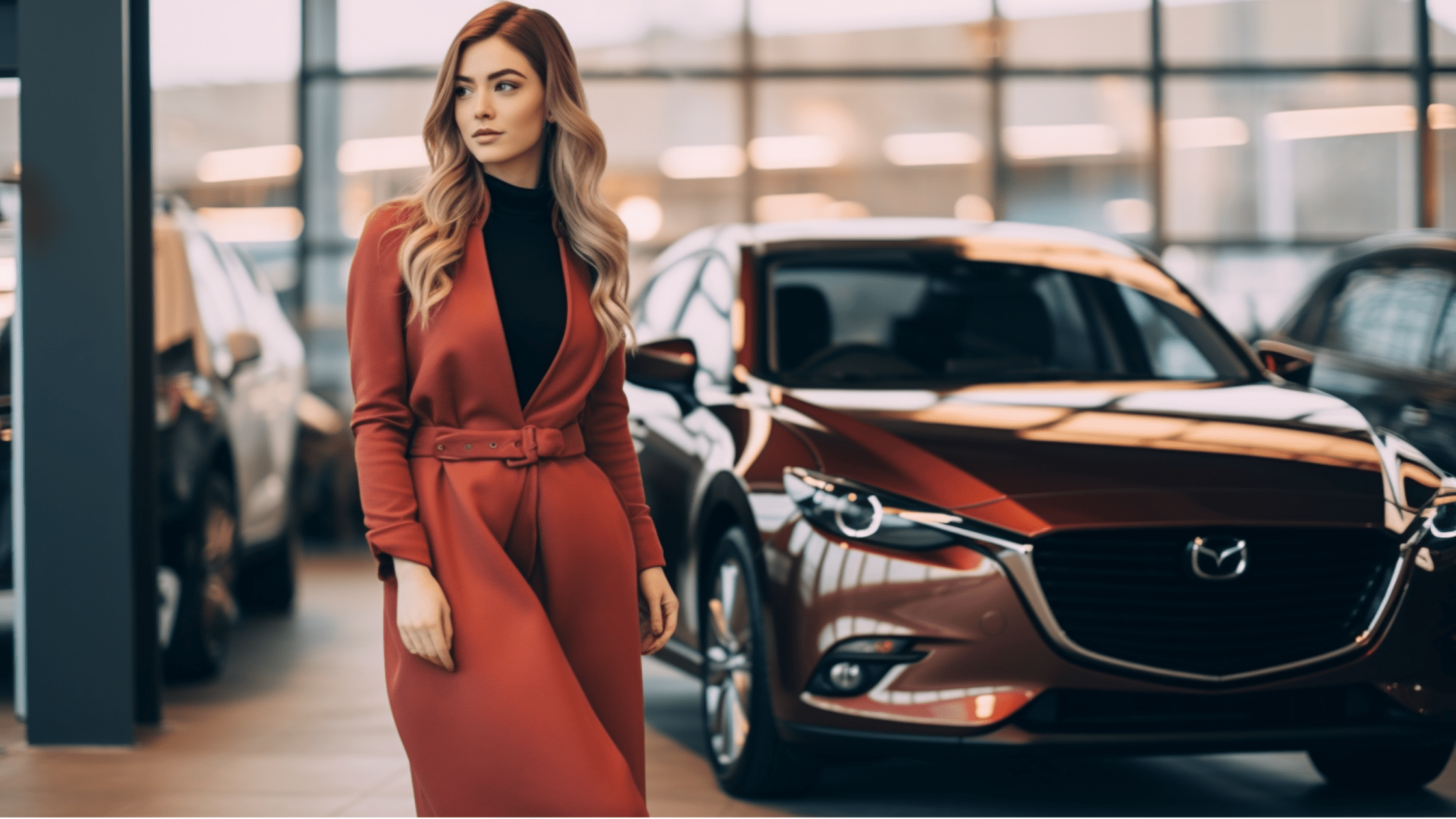 Female standing in front of her first car, a Mazda 3