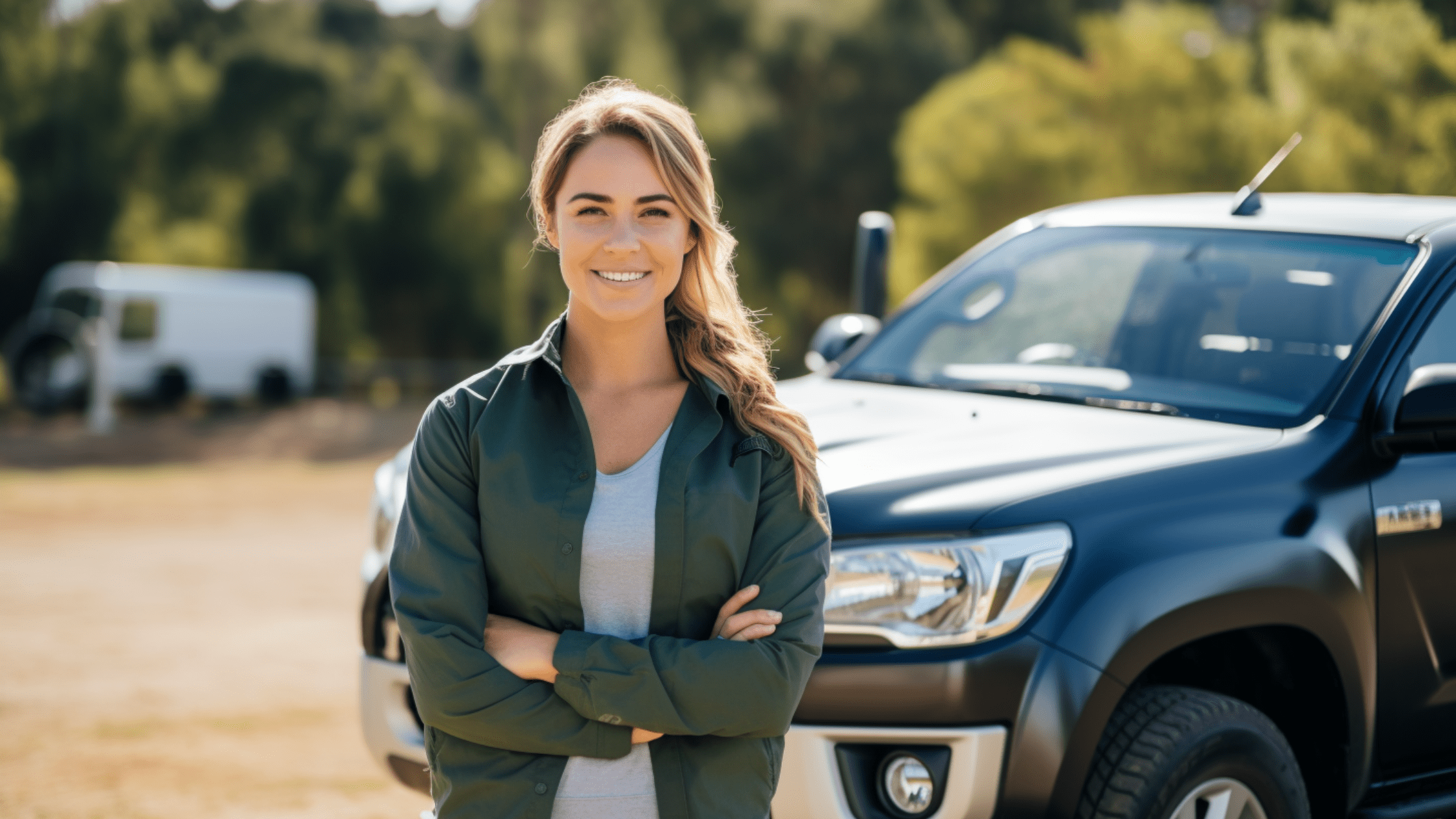 Confident woman in Australia standing next to her financed Ute, showcasing the power and versatility of her vehicle choice.