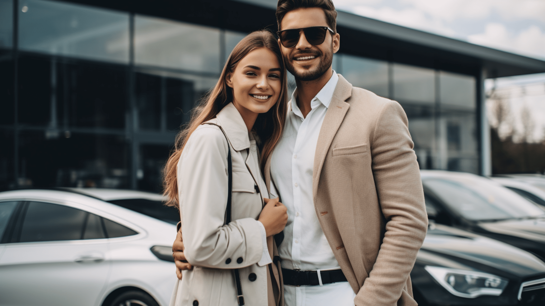 Excited young couple in Sydney posing with their financed car, ready to put into practice the tips and tricks for selling it.