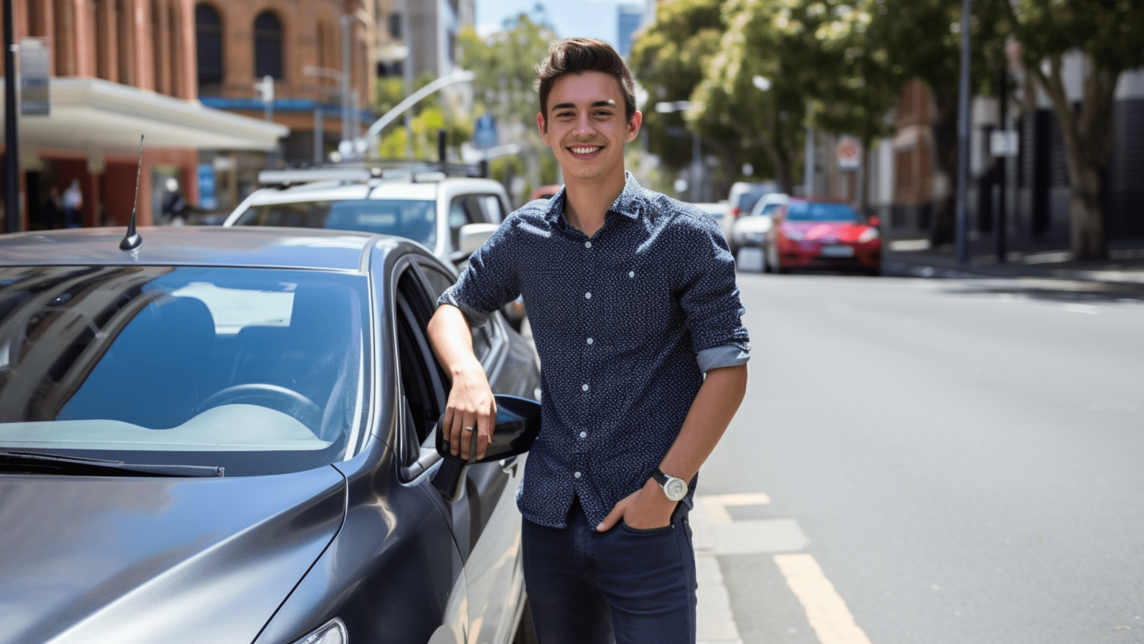 Young Uber Driver standing proudly in front of his car