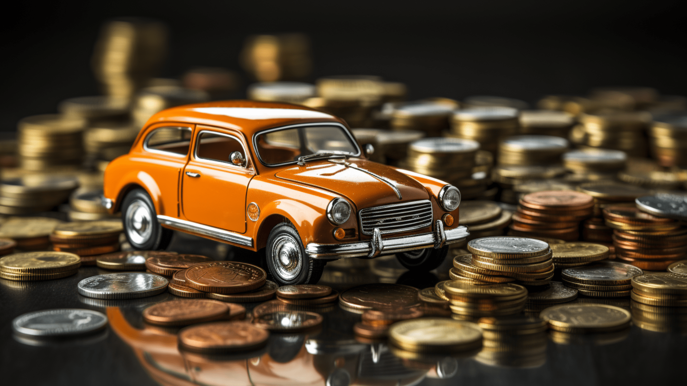 A picture of a car positioned on a mountain of money coins, illustrating a car loan