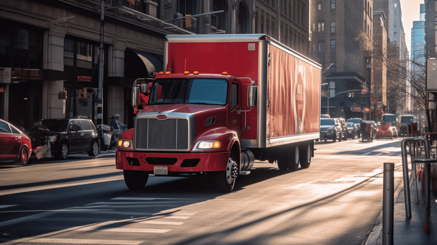 Vibrant red truck sponsored by Sydney Car Loans gracefully maneuvering through the bustling streets of Sydney