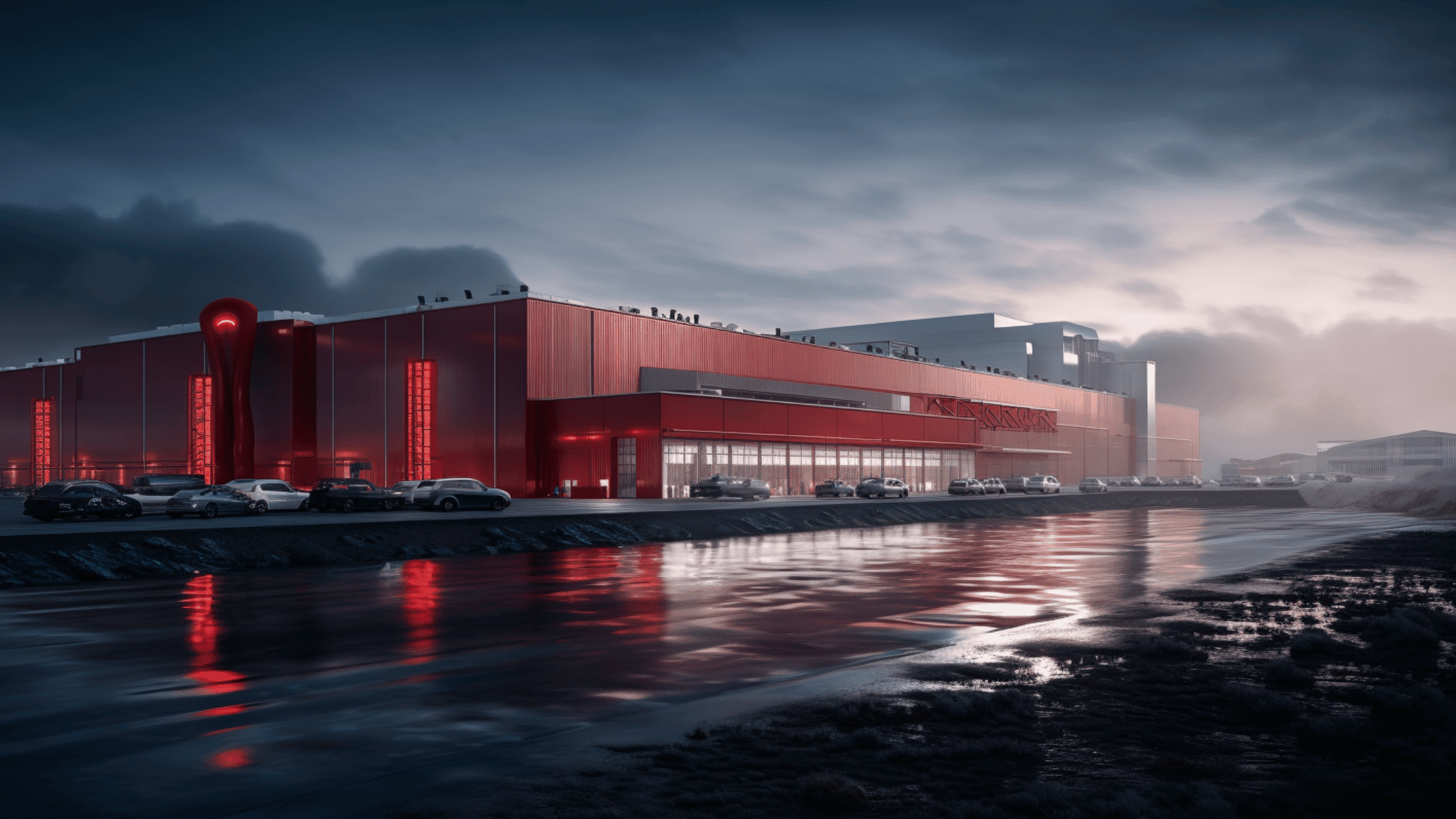 Artist Impression of a Tesla Giga Factory by Night
