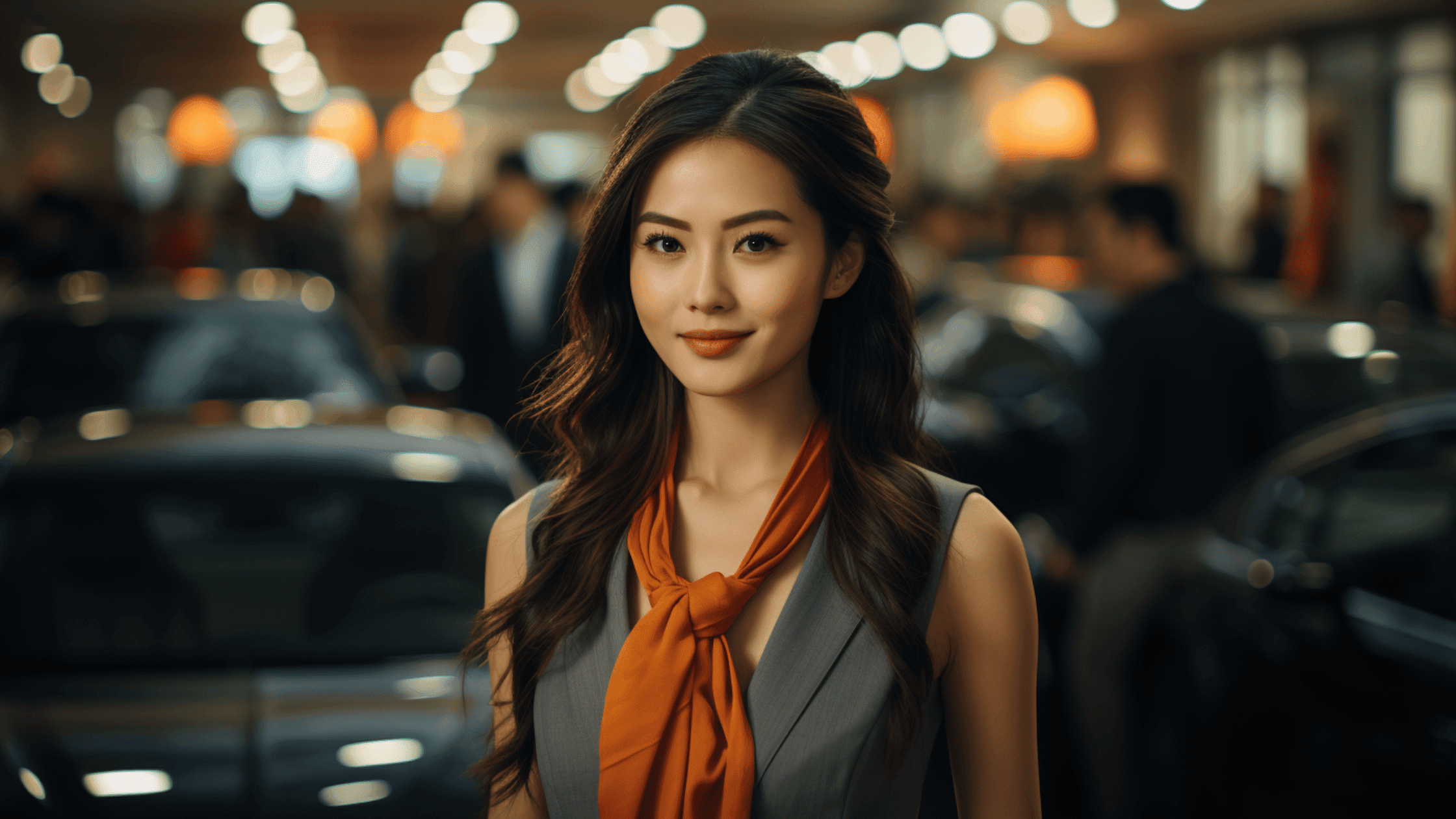 An Asian girl stands beside her newly purchased car, holding the keys in her hand, with a radiant smile on her face. She is captured in soft, natural daylight, and the image is shot in a photorealistic style.