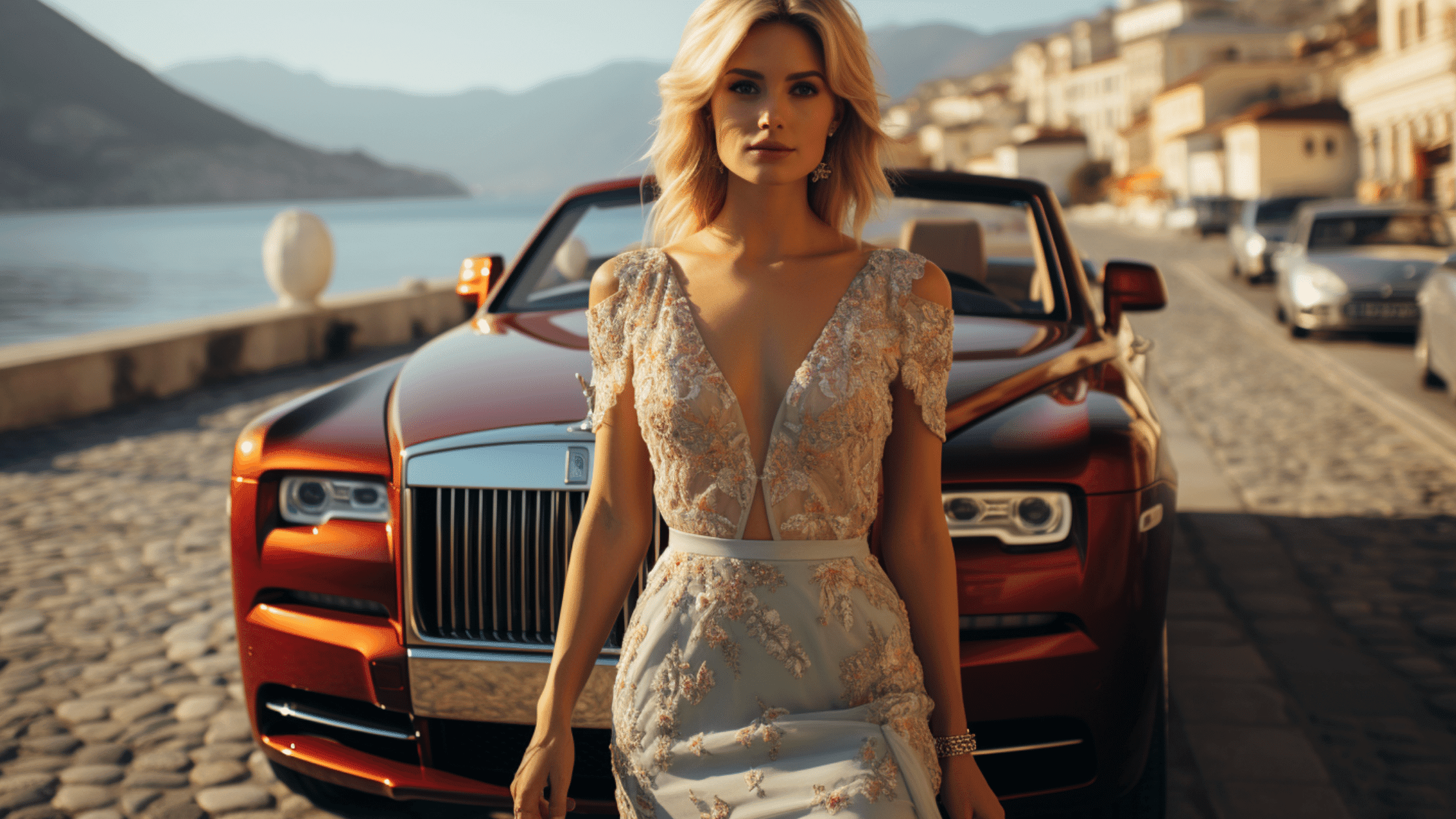 Woman standing in front of a luxury car, a rolls 