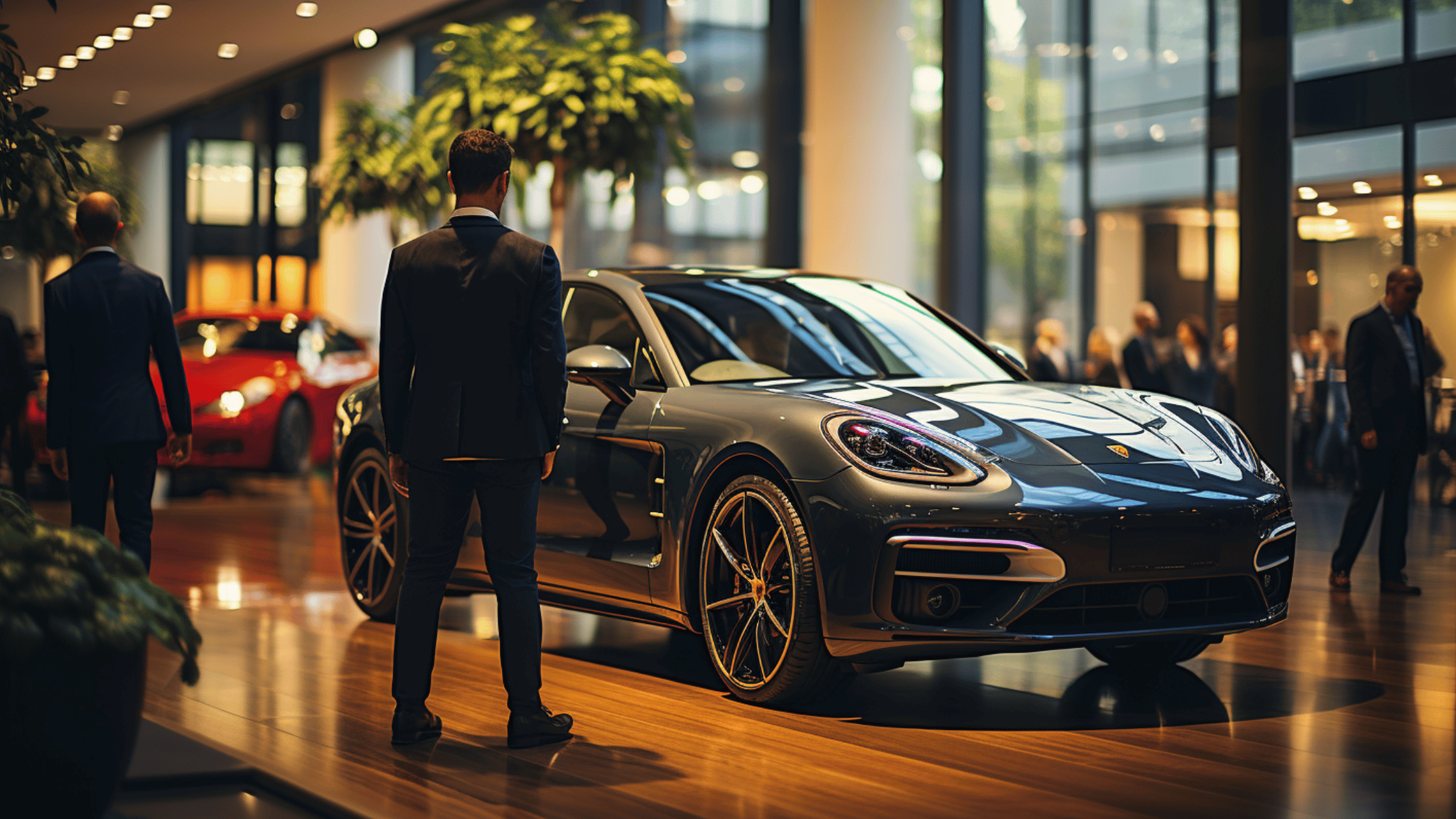 A guy standing in a Sydney car show room checking out a Porsche Macan